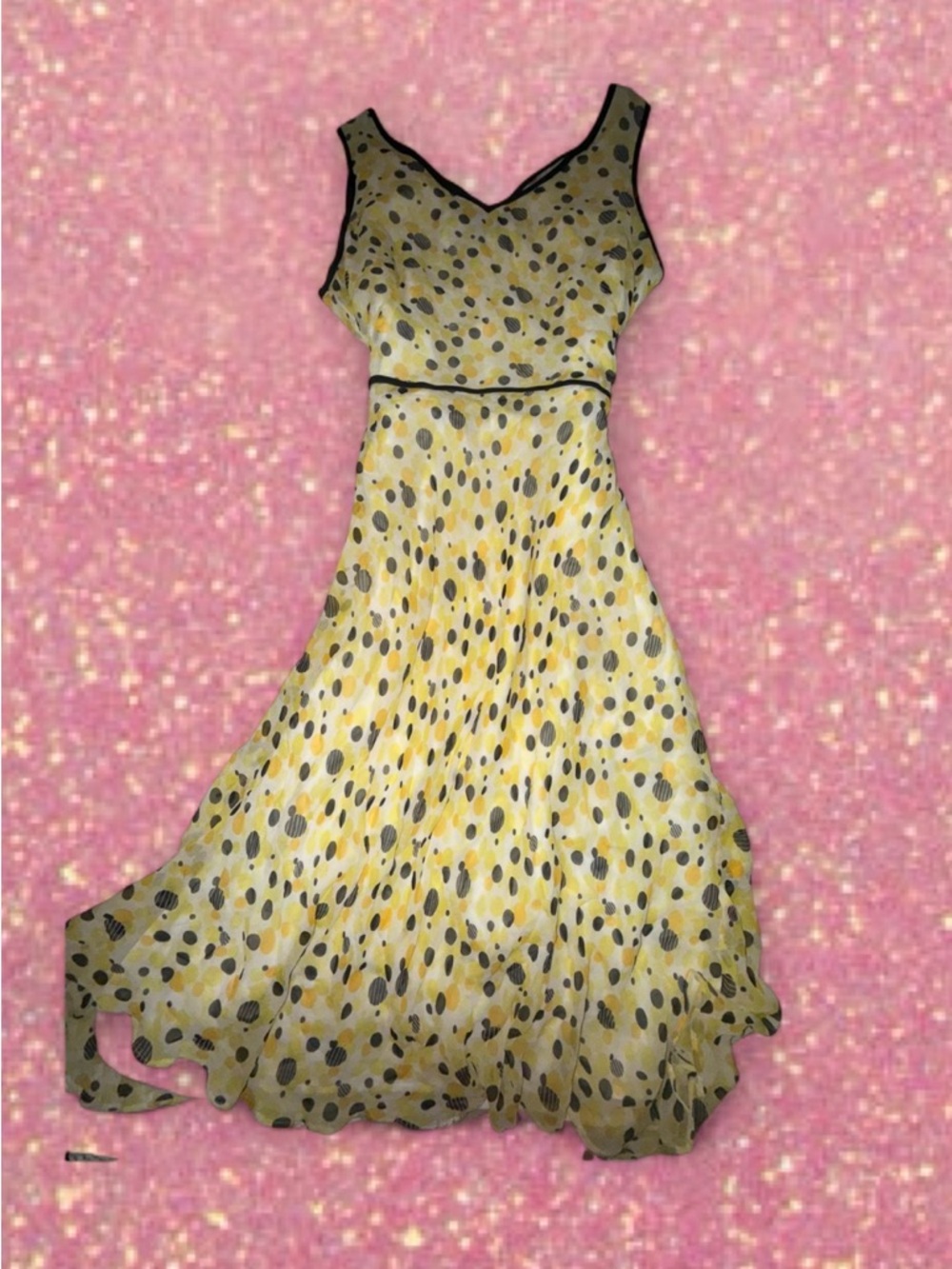 Silk Yellow and Black Polka Dot V-Neck Dress